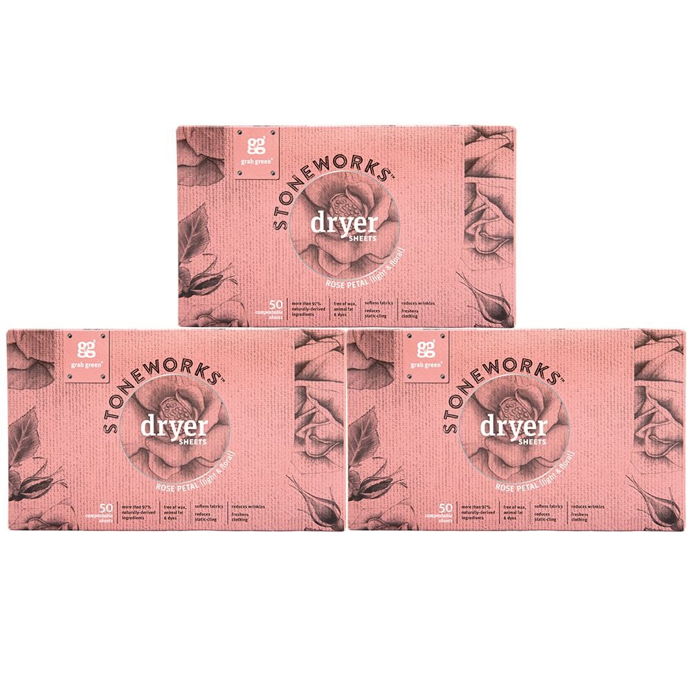 Grab Green Stoneworks Dryer Sheets, Naturally-Derived & Compostable, Free of Wax & Animal-Derived Ingredients, Rose Petal, 50 Sheets, 3-Pack