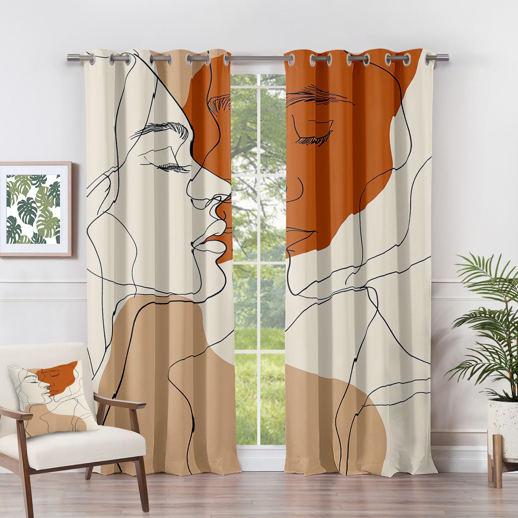 Boho Curtains 90x90 - Boho Curtains - Abstract Face Line Art Minimalist Blackout Curtains 66 x 72 Inch (Width x Drop) 2 Panels, Neutral Artistic Eyelet Curtains & Drapes