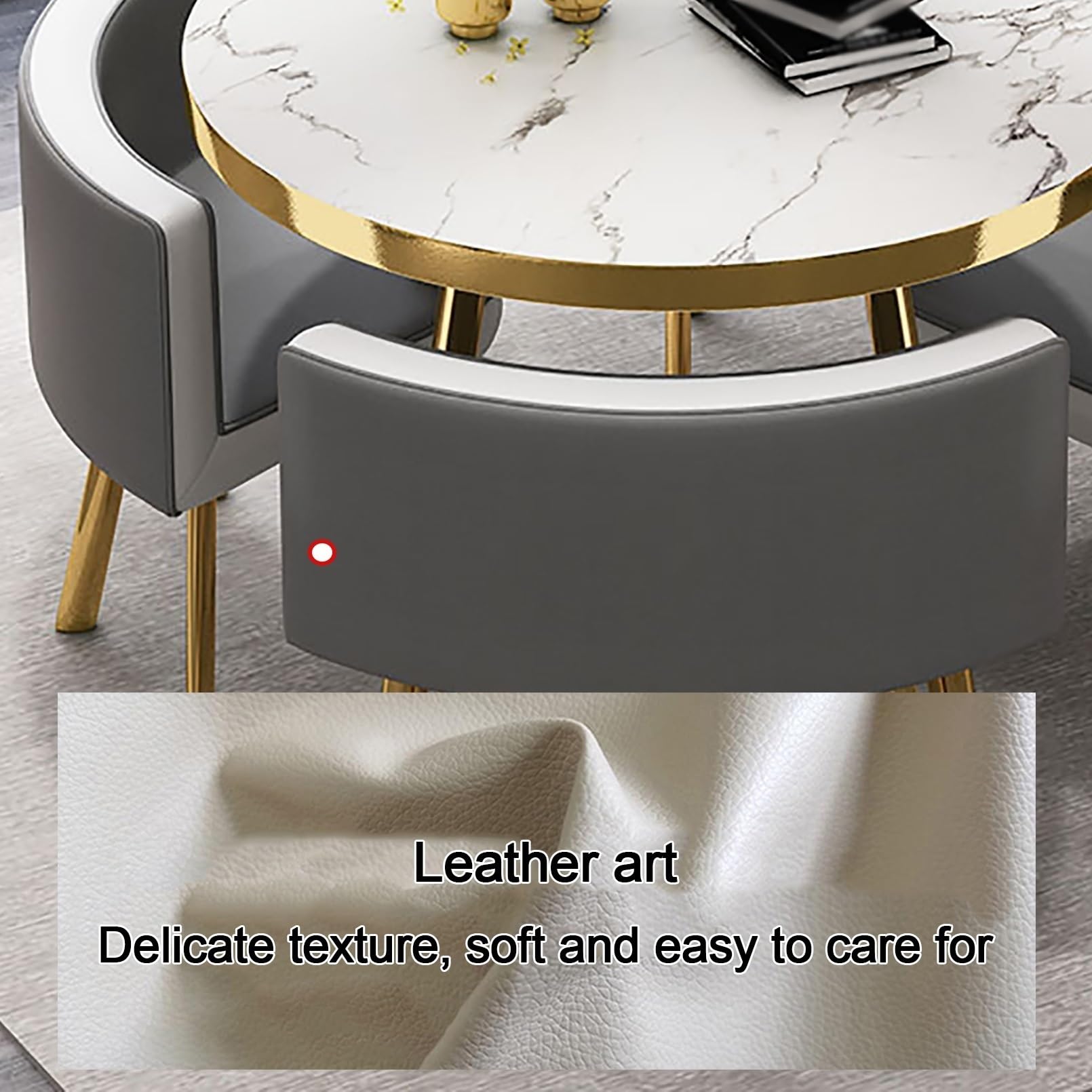 Ensemble Table à Manger Ronde 4 Chaises, Marbre Doré | Table à manger ronde avec plateau marbre, pieds dorés et 4 chaises rembourrées pour petits espaces.(Dark Grey)
