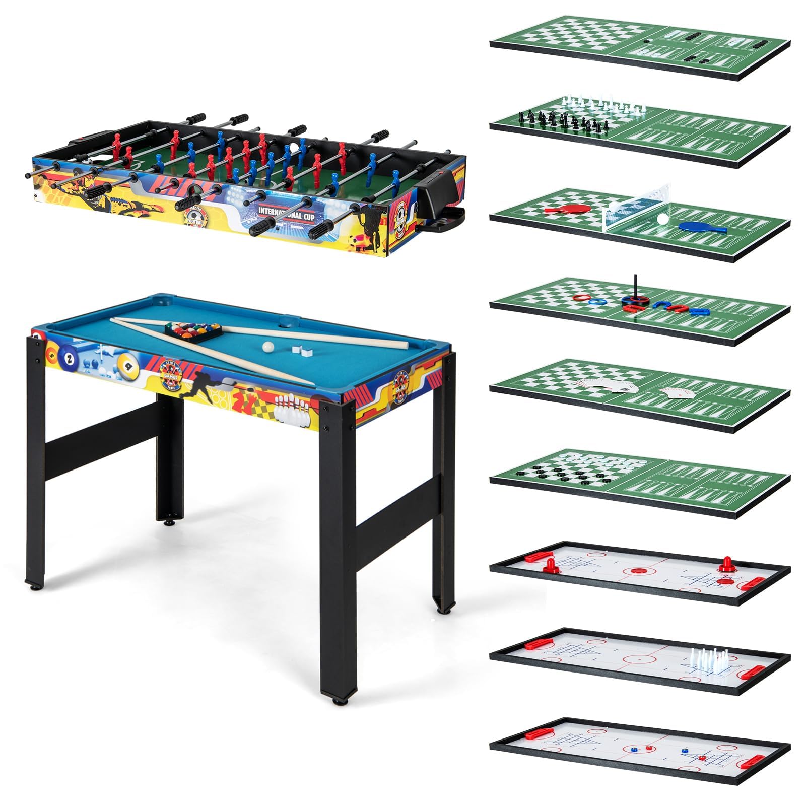 COSTWAY 12 in 1 Spieltisch, Multifunktionstisch mit Tischfußball, Airhockey, Billard, Tischtennis, Schach, Bowling, Shuffleboard, Kombi-Tisch Tischkicker für Zuhause, Büro, Bar