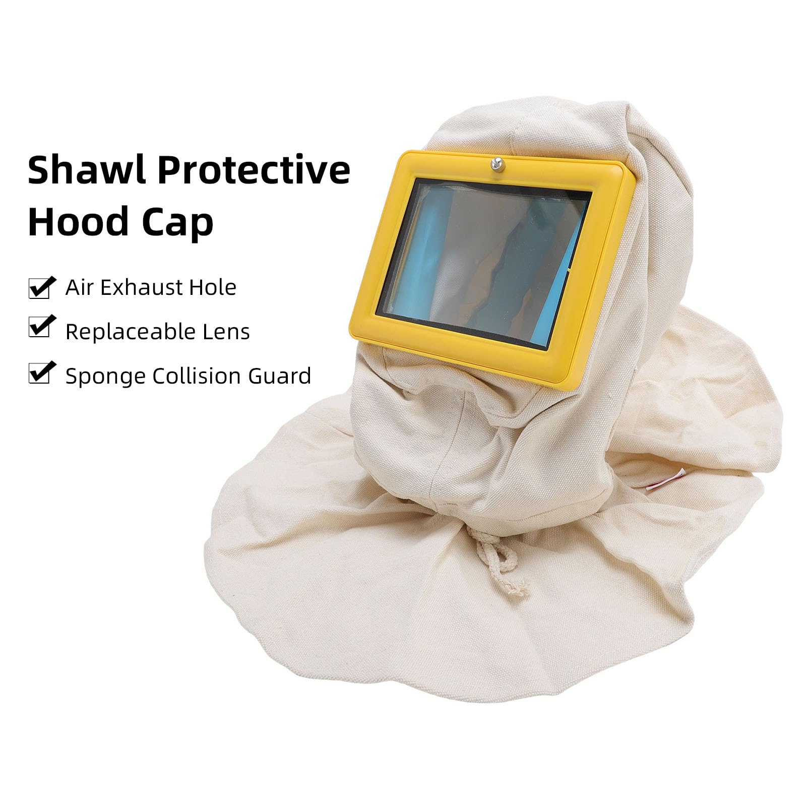 Casco protector para chorro de para pintura en aerosol, corte y limpieza, con lente de vidrio de doble capa, construcción de ABS, capó con marco amarillo con chal, entrada de
