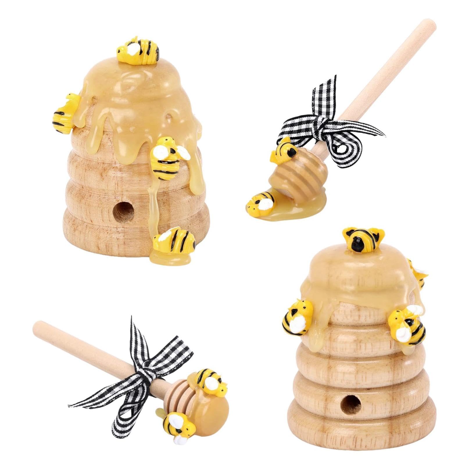 Azonee Bee Hive Festival Decor Kit, Wooden Honey Bees Rustic Decorations, Natural Bee House for Bumble Bee Theme Party, Ideal for Farmhouse Kitchen Table, 4 Pack (Yellow)