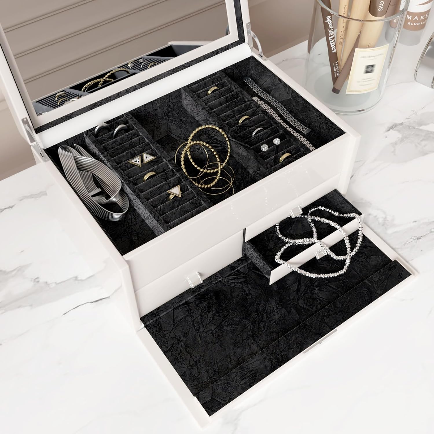 Wallercity Black Floral Leaves Velvet Wallpaper Peel and Stick for Cabinets Fabric Flocking Contact Paper for Bedroom Jewelry Box Lining Crafts Black Felt Velvet Wall Paper for Dresser 17.5''x236''