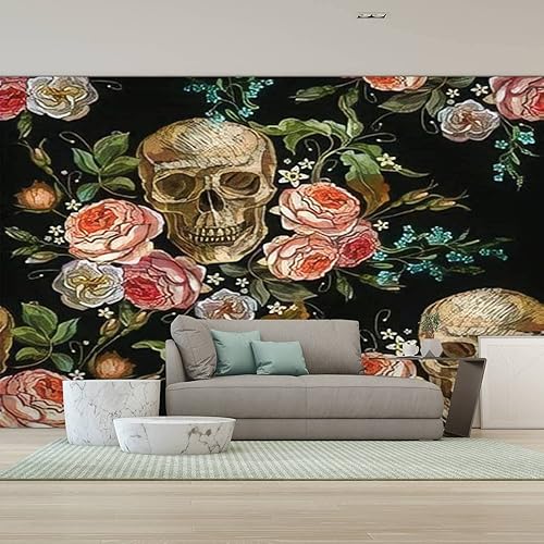 Miniatura 2 de Papel pintado de PVC con diseño de calavera y rosas sin costuras, diseño gótico romántico, papel de contacto extraíble, autoadhesivo, impermeable,