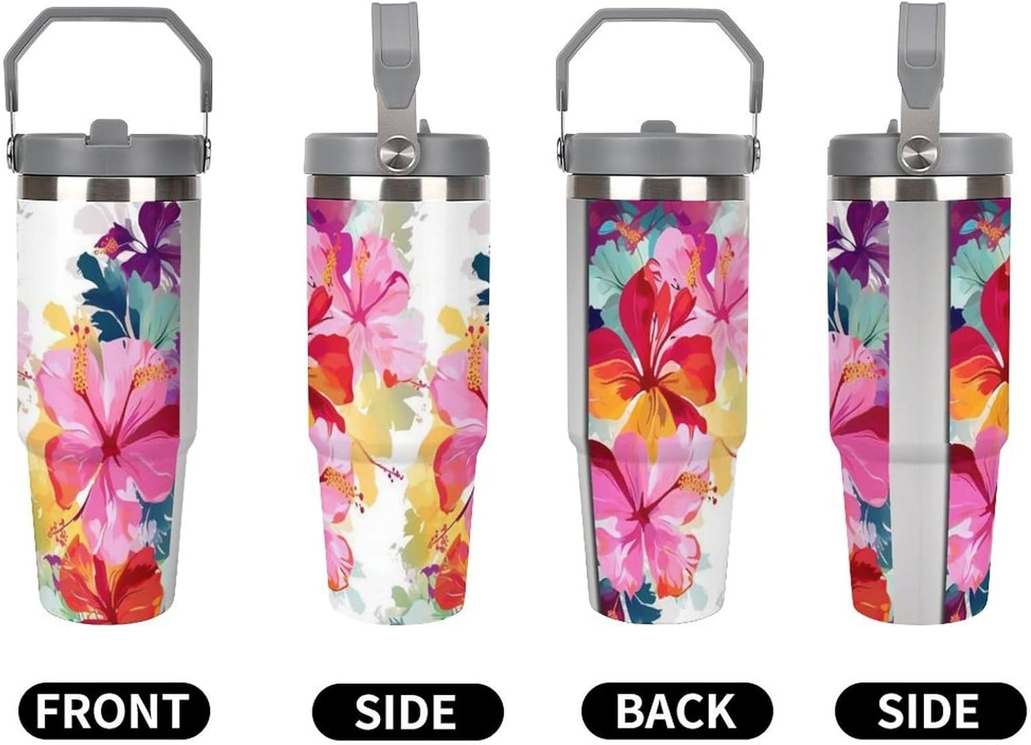 30oz Insulated Tumblers with Top Handle, Stainless Steel Hawaiian Flower Print Car Cup with Straw for Gift, Leak-Proof Double Wall Vacuum Travel Mug, Personalized Water Bottles White