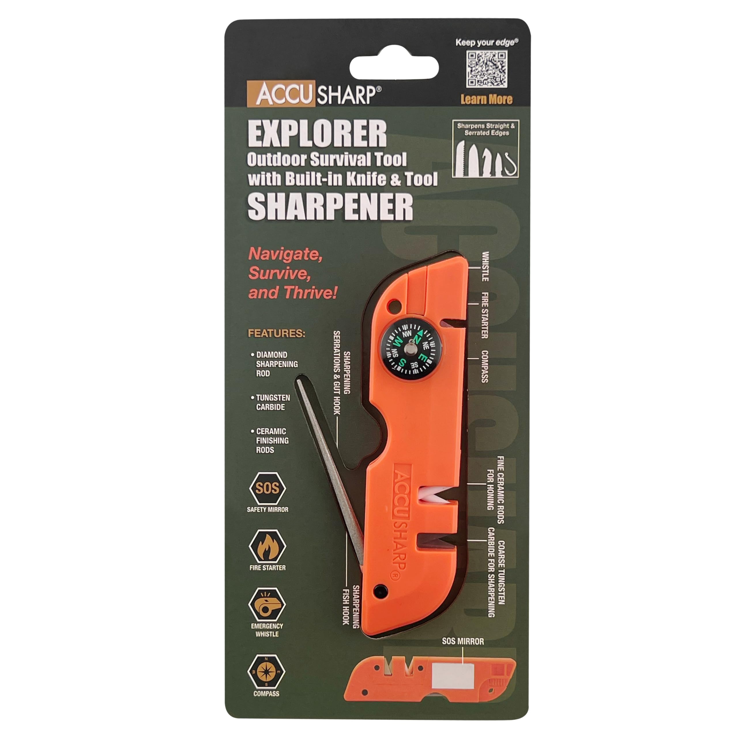 AccuSharp Explorer Outdoor Survival Tool with Built-in Knife & Sharpener, Diamond-Honed Tungsten Carbide Reversible Blades, Fine Ceramic Rods, Compact & Multifunctional