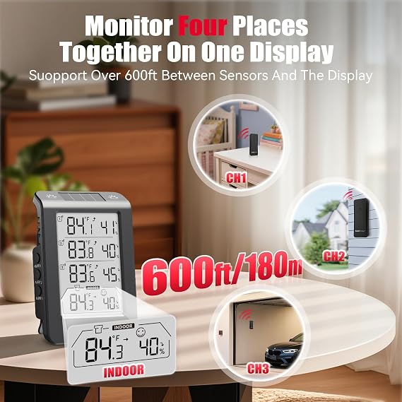 Indoor Outdoor Thermometer Wireless, Temperature Humidity Monitor with 3 Remote Sensors, 4.8 Digital Display 330ft Range Real-Time Alerts Smart Backlight Hygrometer Thermometer, Black