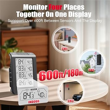 Indoor Outdoor Thermometer Wireless, Temperature Humidity Monitor with 3 Remote Sensors, 4.8 Digital Display 330ft Range Real-Time Alerts Smart Backlight Hygrometer Thermometer, Black