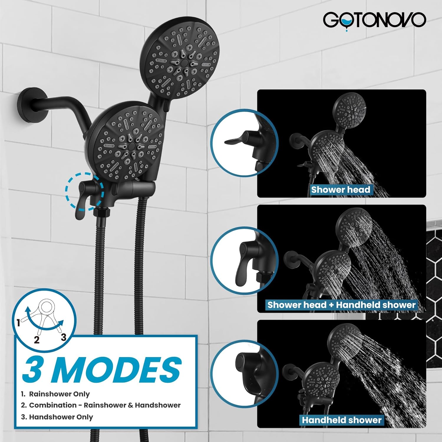 gotonovo Tub Shower Faucet Set,2 in 1 Dual Shower Head and Handle Set with Tub Spout Wall Mount Bathroom Shower Trim Kit with 3-way Water Diverter Valve Included Various Modes Matte Black - Image 4