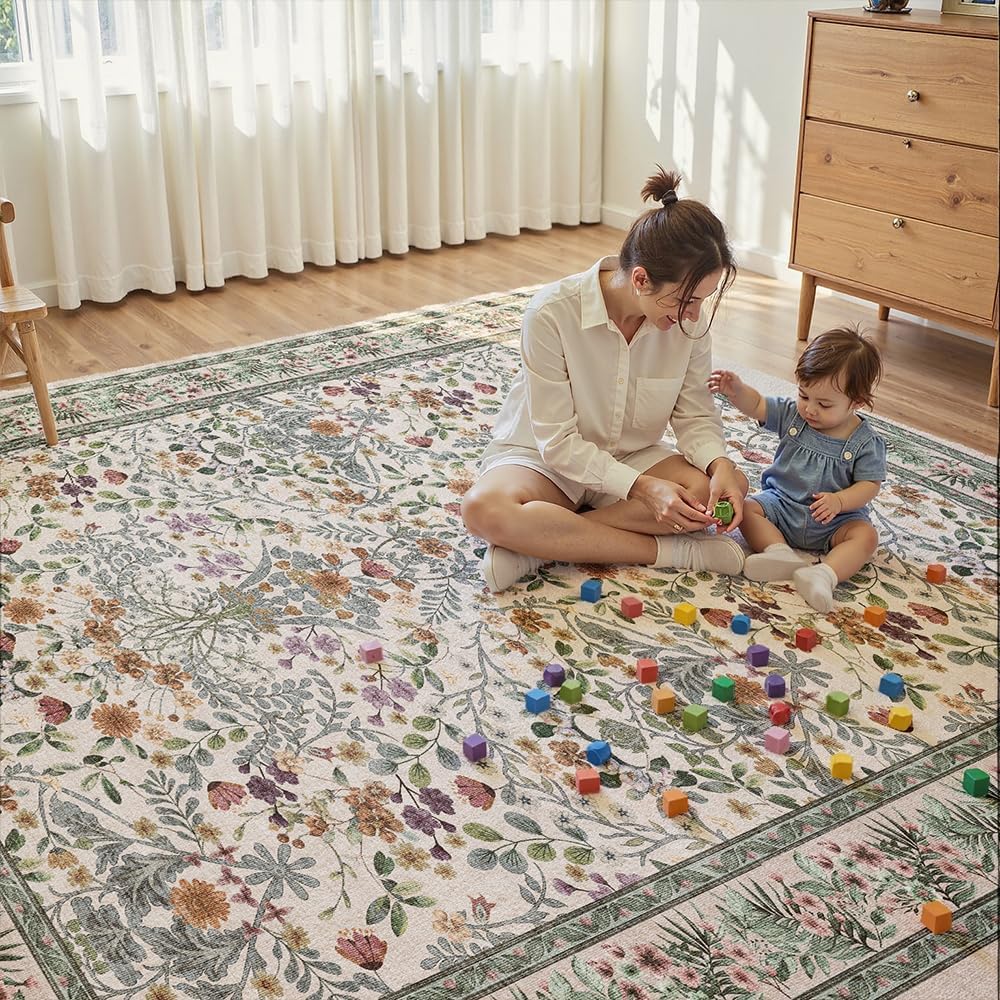 5x7 White Area Rugs for Living Room, Floral Washable Rug Vintage Large Soft Boho Non-Slip Carpet Indoor Floor Stain Resistant Carpets for Bedroom Dining Room Farmhouse Nursery Home Office