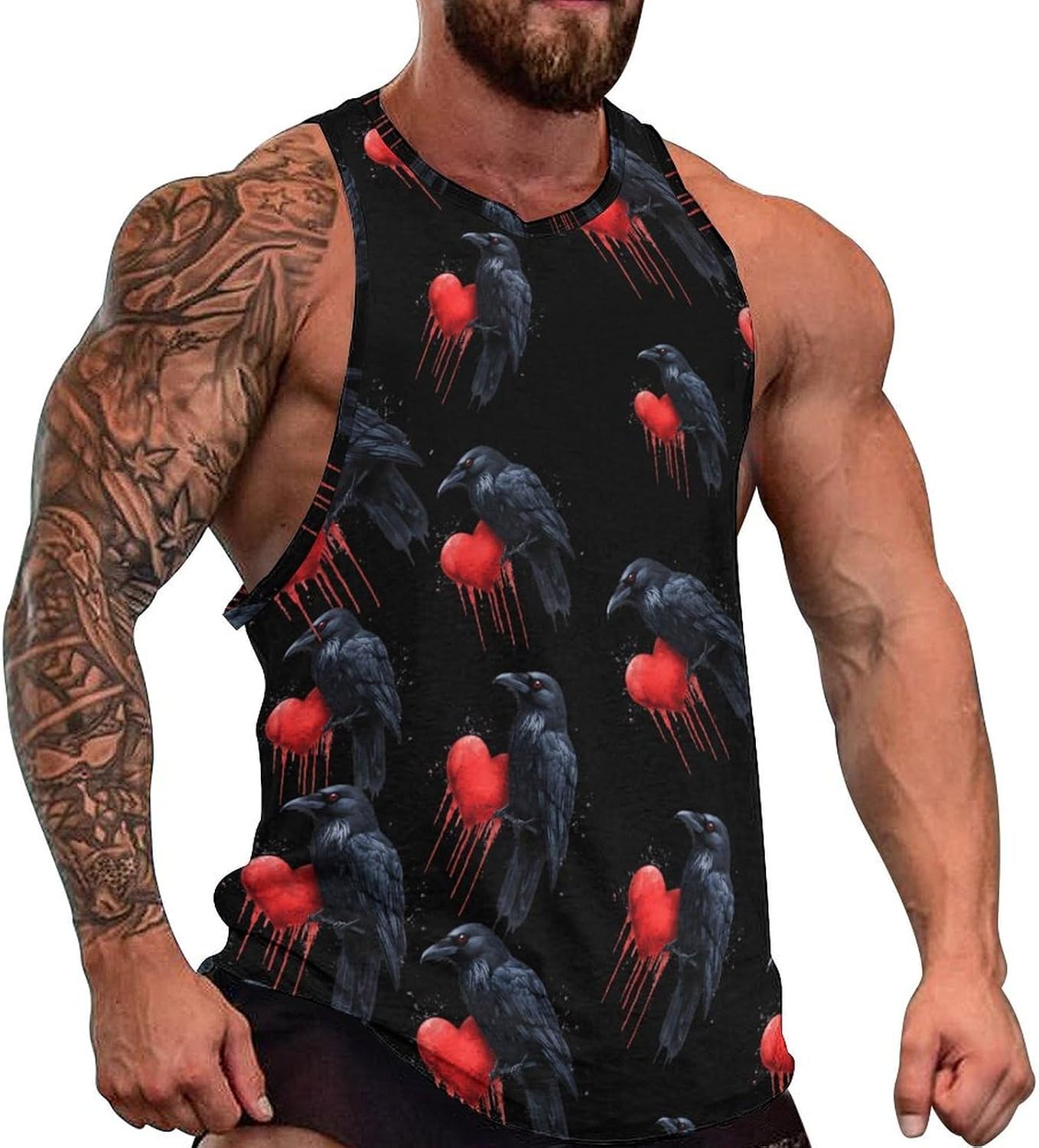 Raven Crow with Dripping Heart Men's Tank Tops Sleeveless Muscle Shirts for Men Lightweight Vest Crew Neck T-Shirts