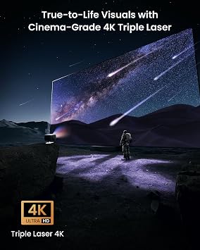 JMGO N1S Ultimate Triple Laser 4K Projector, 3300 ISO Lumens Projector, Google TV Netflix, Real-Time Auto Screen Fit, HDR10, 300, Blu-ray 3D, Home Theater Projector with 20W Dolby Digital+