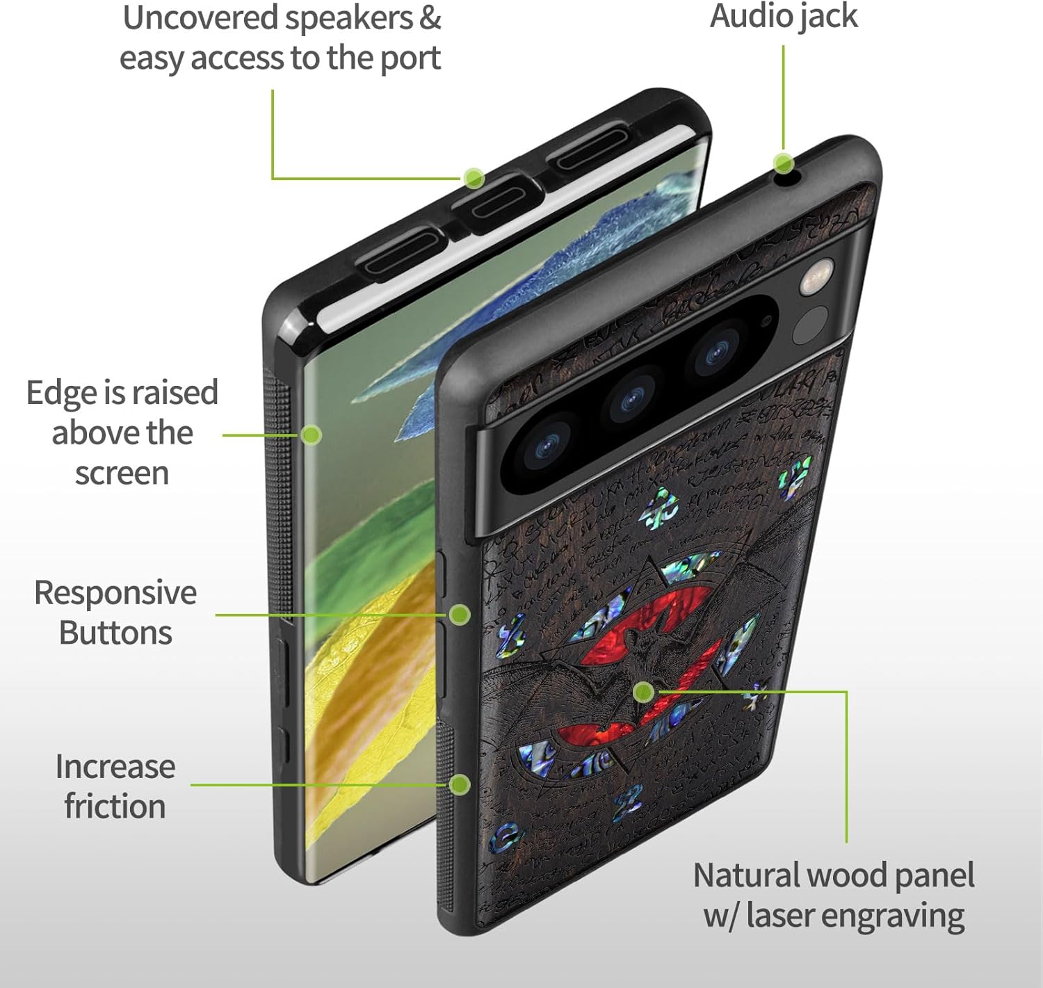 Carveit Designer Wooden Case for Google Pixel 8 Pro Case Cover [Wood Engraving & Shell Inlay] Compatible with Wireless Chargers Pixel 8 Pro (Bat and Octagonal Star-Blackwood)