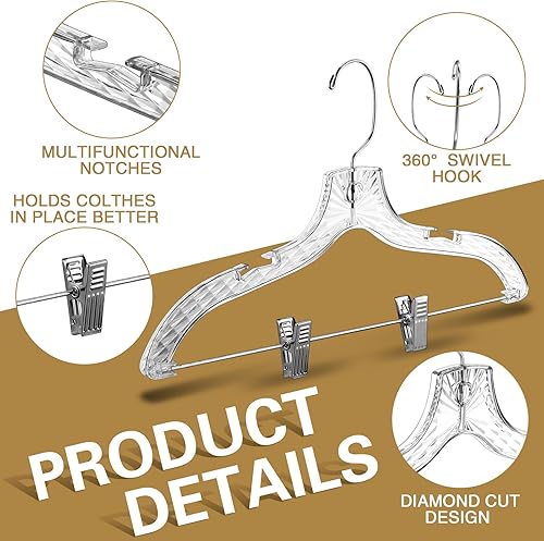 Miniatura 3 de Wesiti Paquete de 60 perchas transparentes para ropa a granel de 17 pulgadas, perchas de plástico con corte de cristal, perchas para abrigos,