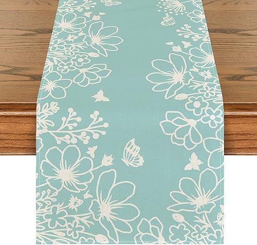 Miniatura 1 de Artoid Mode Camino de mesa de primavera con diseño de flores azules y mariposas, decoración de mesa de comedor de cocina para fiestas en el hogar,