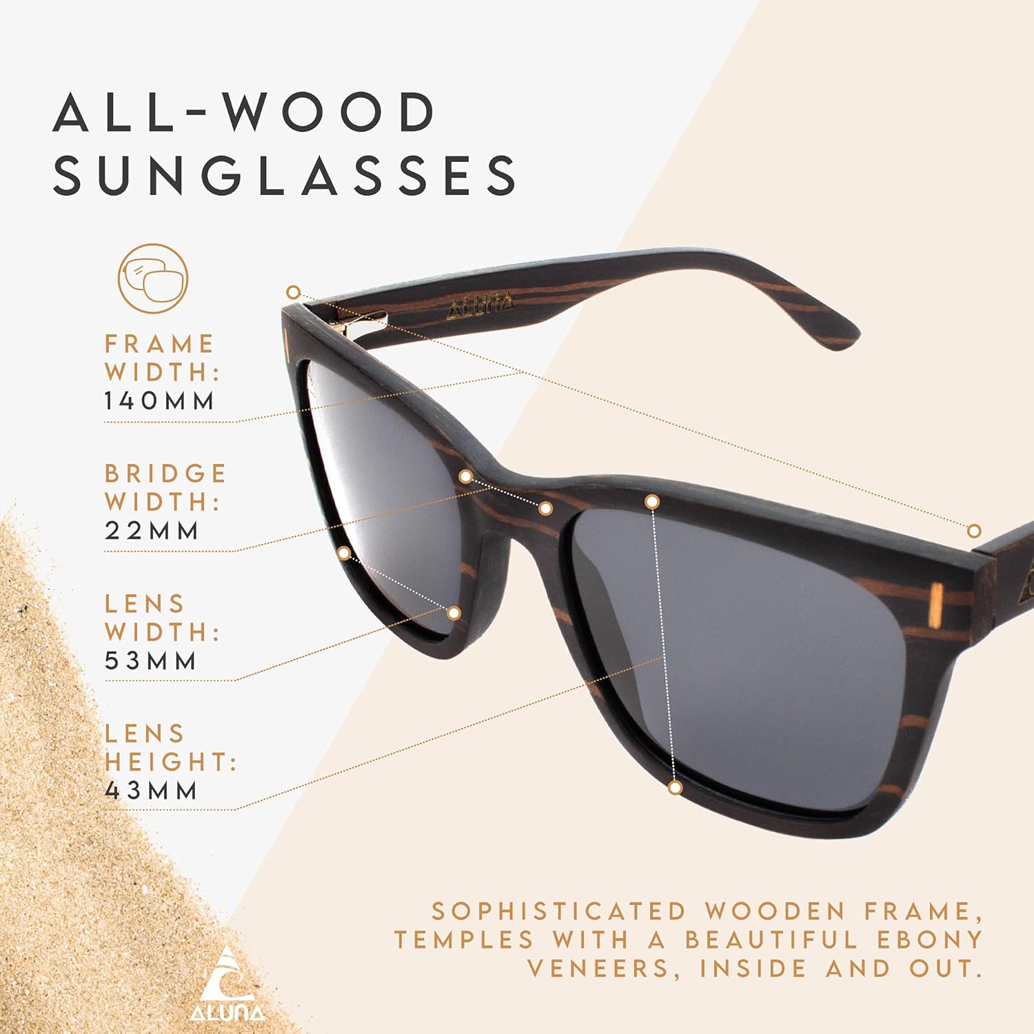 Aluna - Wooden Shades for Women and Men, Lightweight and Cool Sunglasses with HD Polarized Lens, Stylish Retro Sunglasses