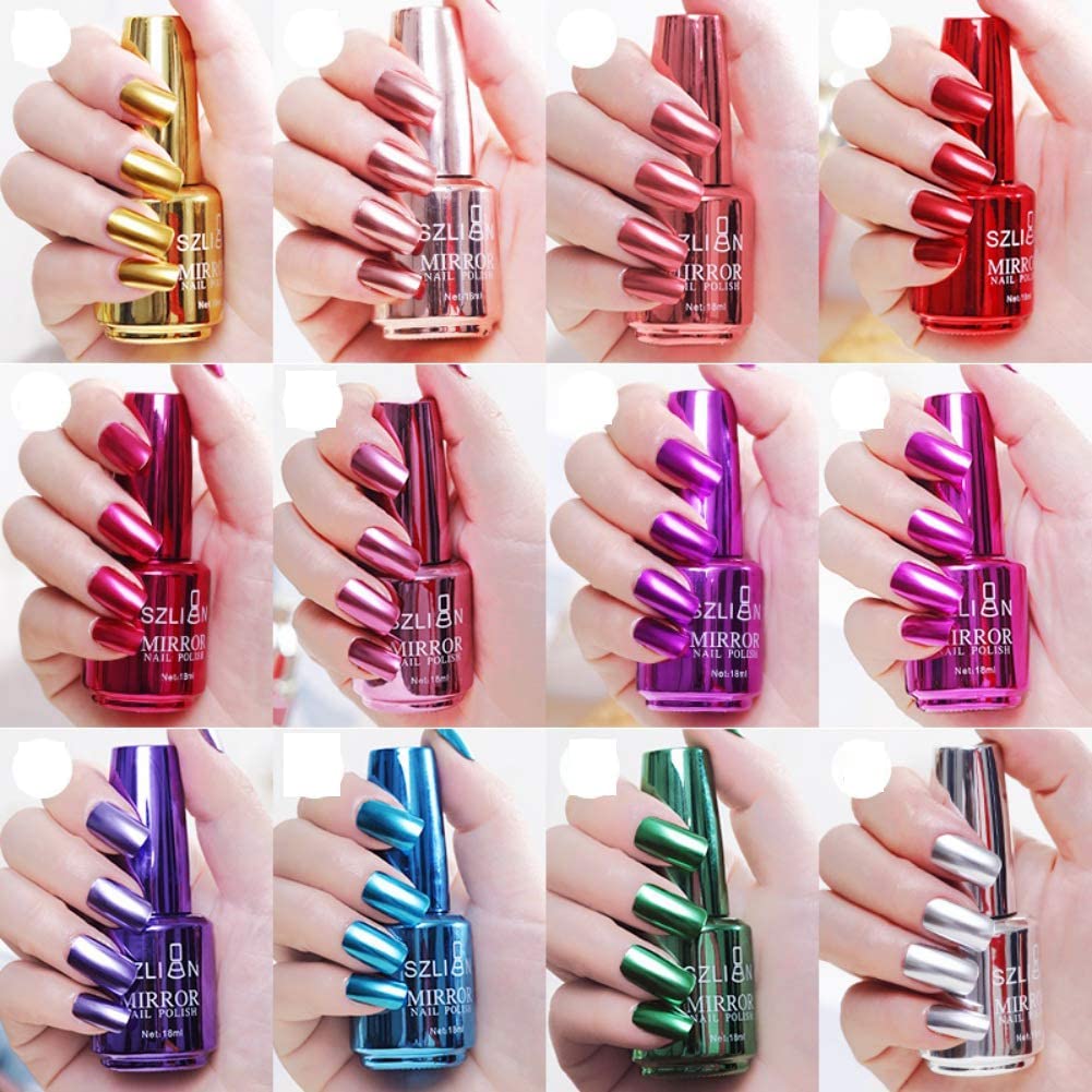 Metallic Nail Polish Mirror Nail Polish, 12 Colors Varnishes Metal Mirror Nail Polish, Metallic Mirror Glitter Nail 18ml (12 colors set)