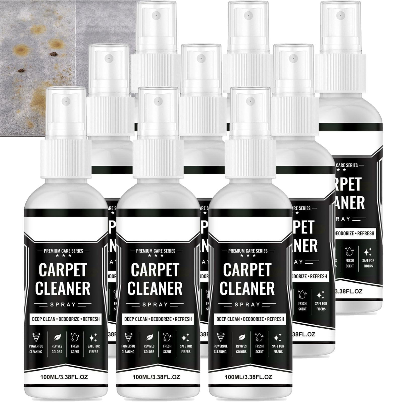 Teppichreinigungsspray 100ml, Fleckenentferner für Teppiche und Polster, schäumendes Reinigungsspray mit tief eindringender Formel, entfernt Schmutz und trockene Flecken aus Fasern (9PCS)