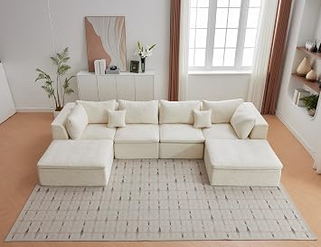 140" Cloud Sectional Couches for Living Room, Convertible U-Shape Boneless Couch with Ottoman, 4 Seater Modular Sectional Sofa, Cream
