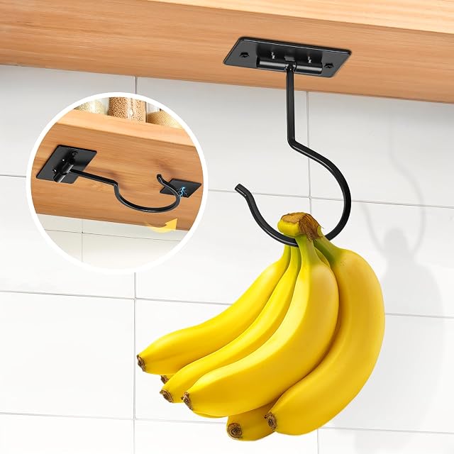 Fitnice Self Adhesive Banana Hook Under Cabinet Foldable Banana Hanger Black Metal Under Counter Banana Hook to Keep
