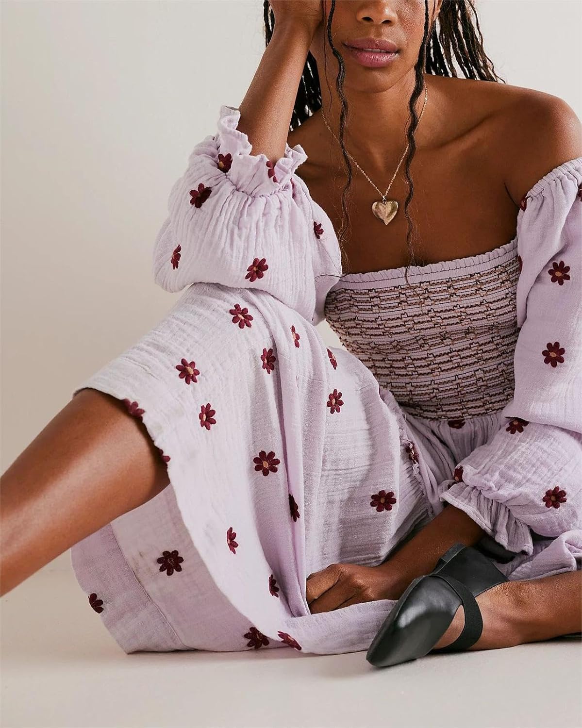 Women Puff Sleeve Embroidered Maxi Dress, Floral Dress Square Neck Ruffle Swing A Line Dress Long Sleeve Beach Dress (Purple,Large)