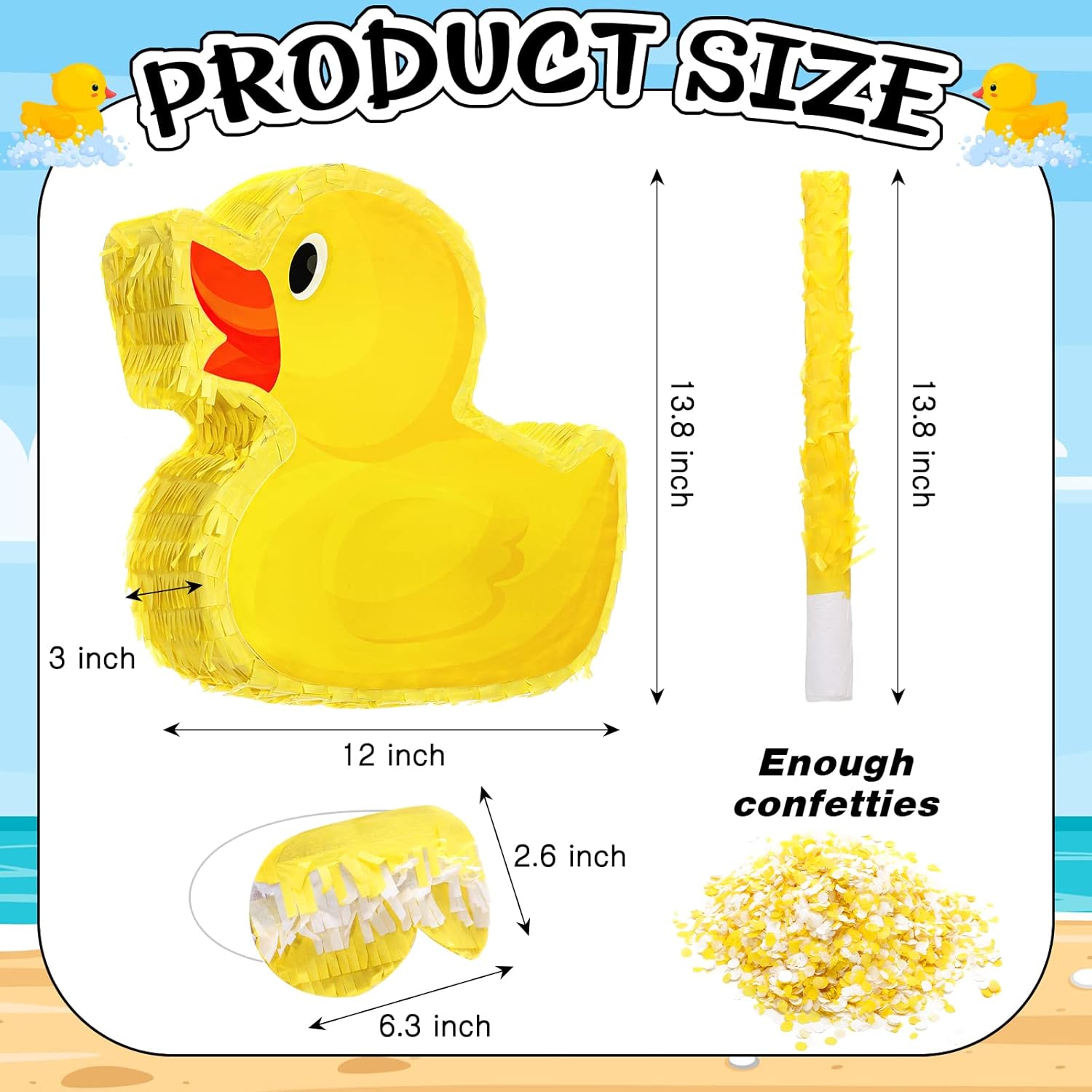 Sotiff Yellow Duck Piñata 13.8 Inch Cute Duck with Piñata Stick Blindfold Gender Reveal Confetti for Boy Girl Baby Shower Beach Pool Birthday Easter Party Decorations