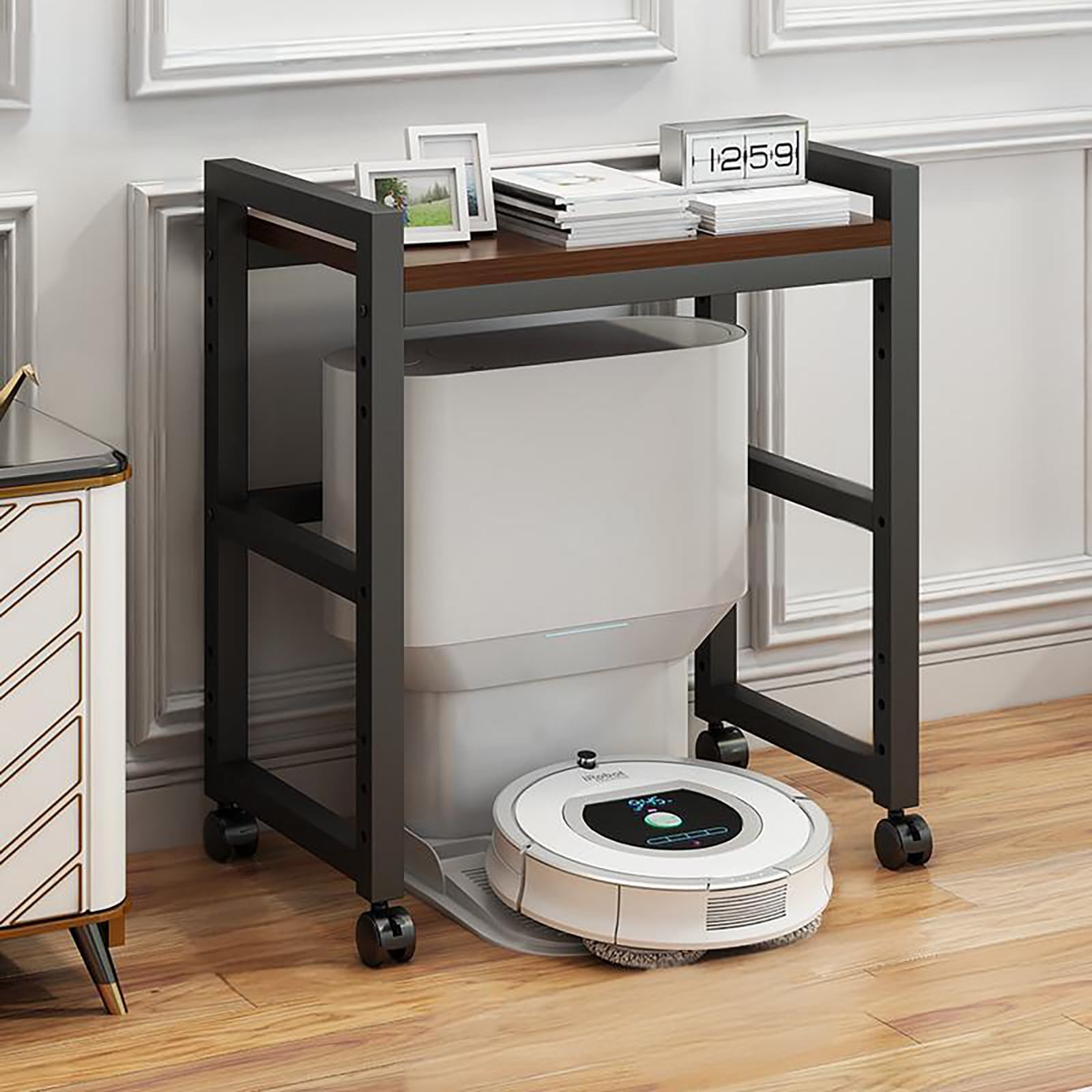 Robot Unidad de almacenamiento al vacío con estante rodante de madera para mesa auxiliar de acuario, muebles para el hogar u oficina, color negro y marrón, 50 x 35 cm