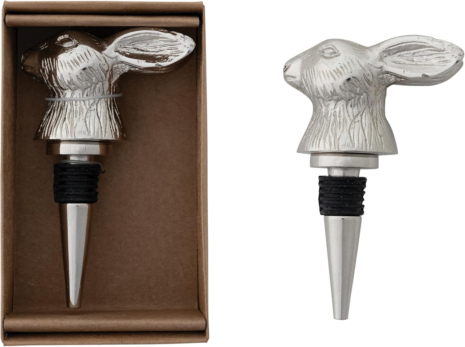 Creative Co-Op Cast Aluminum Rabbit Head Bottle Stopper in Kraft Box, Nickel Finish
