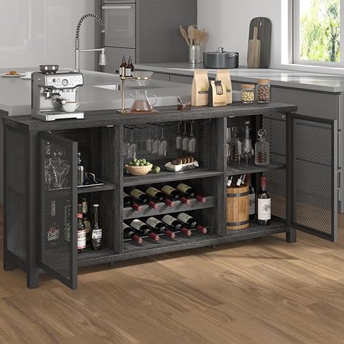 Miniatura 35 de Launica Gabinete de bar de vino negro, gabinete de barra de café con almacenamiento, gabinetes de buffet de cocina de granja con estante para café