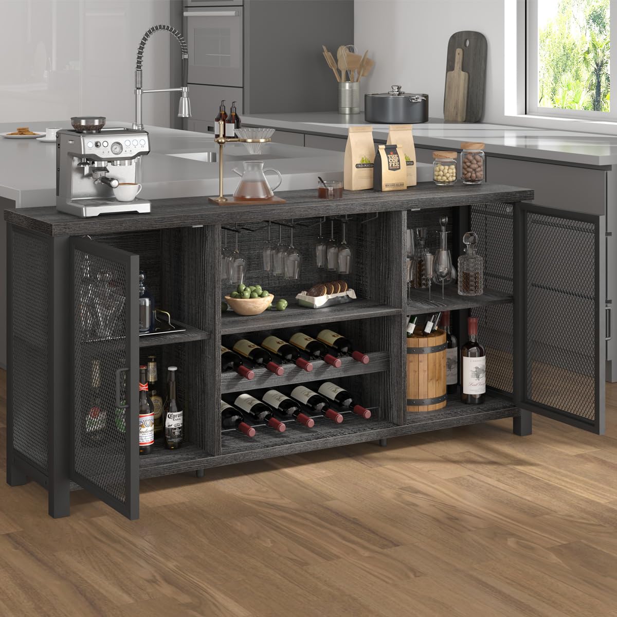 Launica Armadietto da bar per liquori, armadietto industriale per vino, credenza rustica, per liquori e bicchieri, con scaffale, per casa, cucina, sala da pranzo, rovere grigio scuro, 140 cm