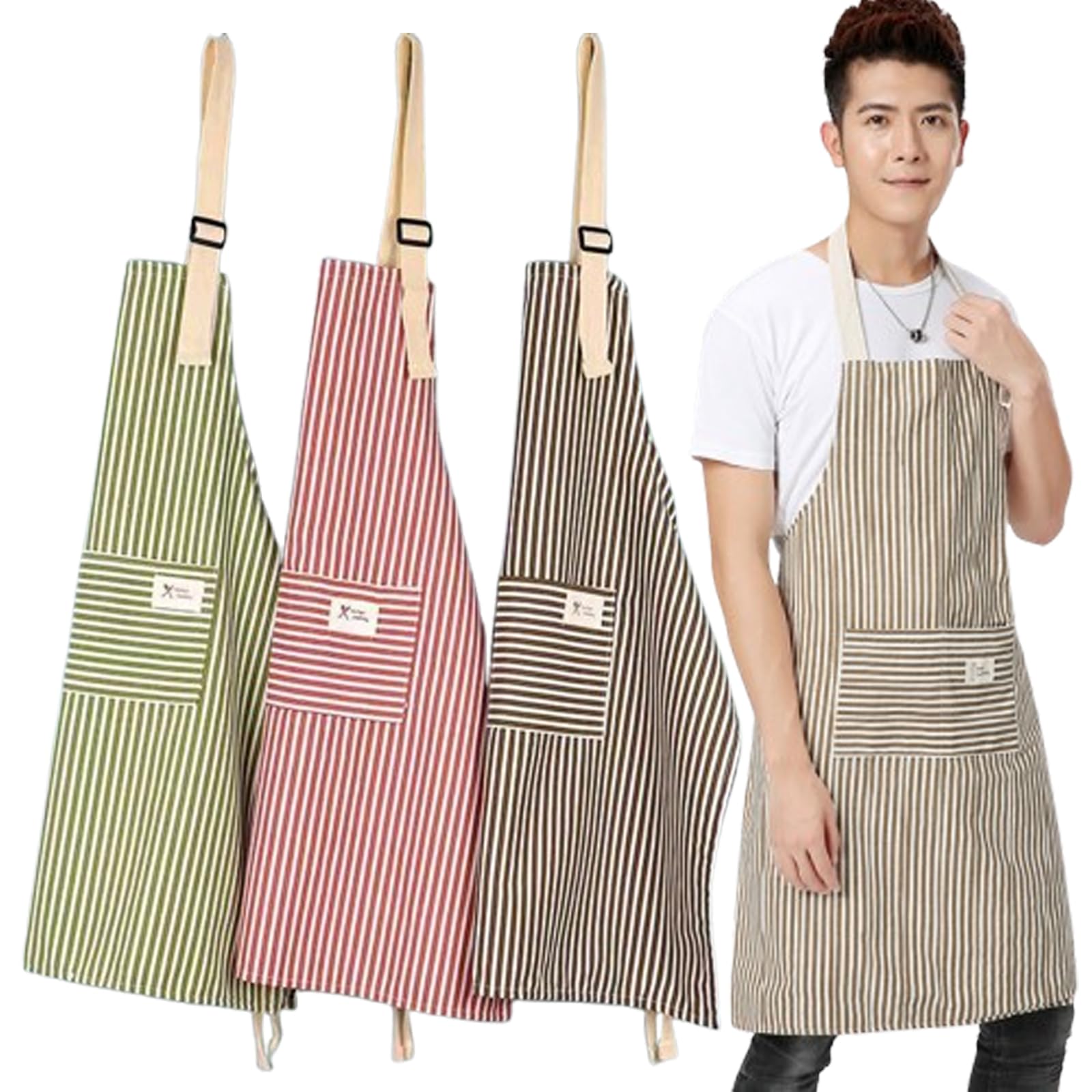 Delantal Cocina Hombre 3Pcs Delantal Cocina Mujer Delantal de Cocina Antiincrustante Delantal de Cuello Ajustable con Bolsillos Delantal Algodon para Hornear Jardinería Restaurante Barbacoa