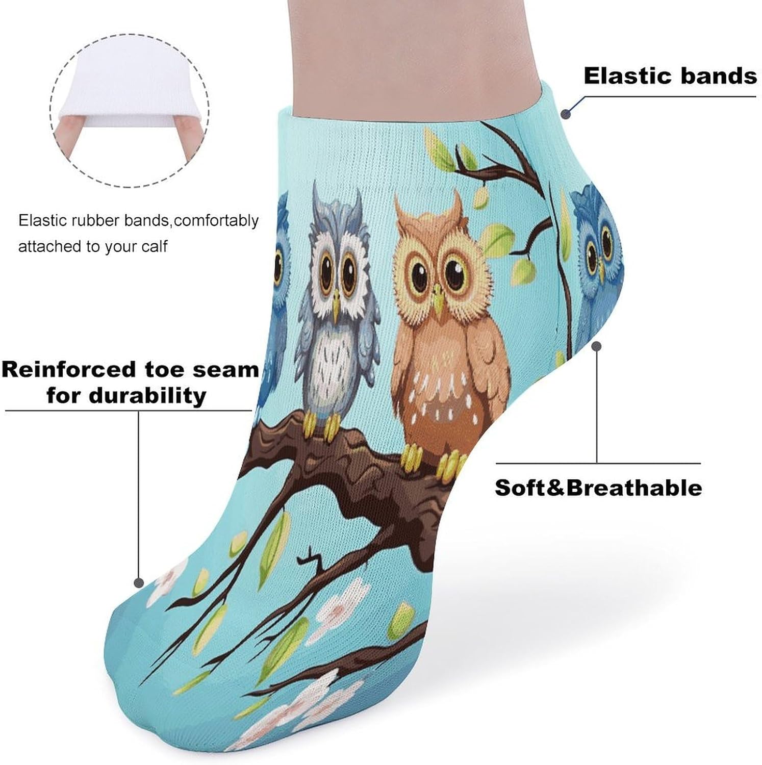 Owls on A Branch Ankle Socks for Men Women 5 Pairs | Comfortable Casual Low Cut Socks, Lightweight No Show Breathable Athletic Socks, Soft Mini Crew Socks for All Seasons