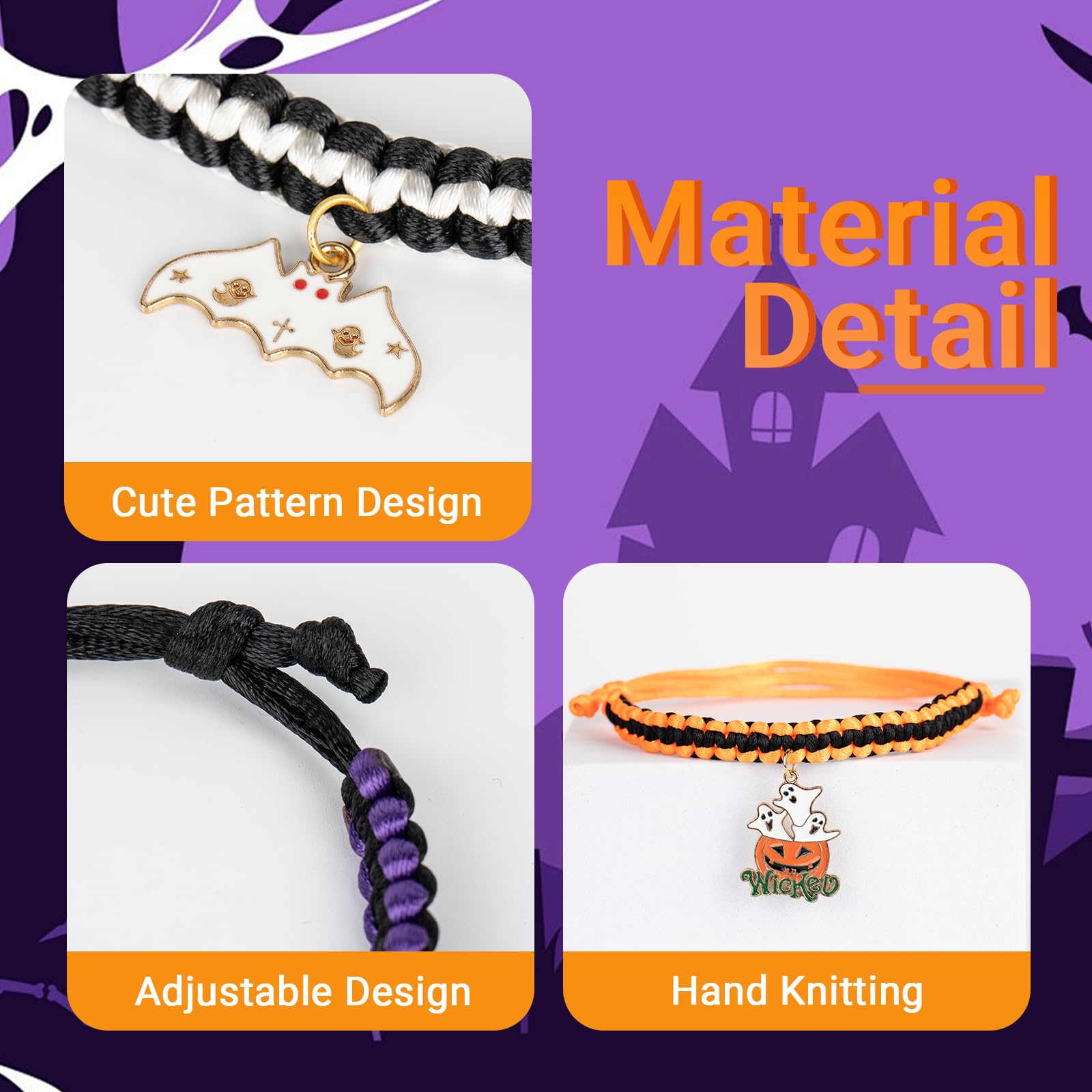 3pcs Halloween Cat Collar Adjustable 15-38cm, Woven Kitten Collars with Bell & Halloween Charms (Bat, Pumpkin, Ghost) - Image 2