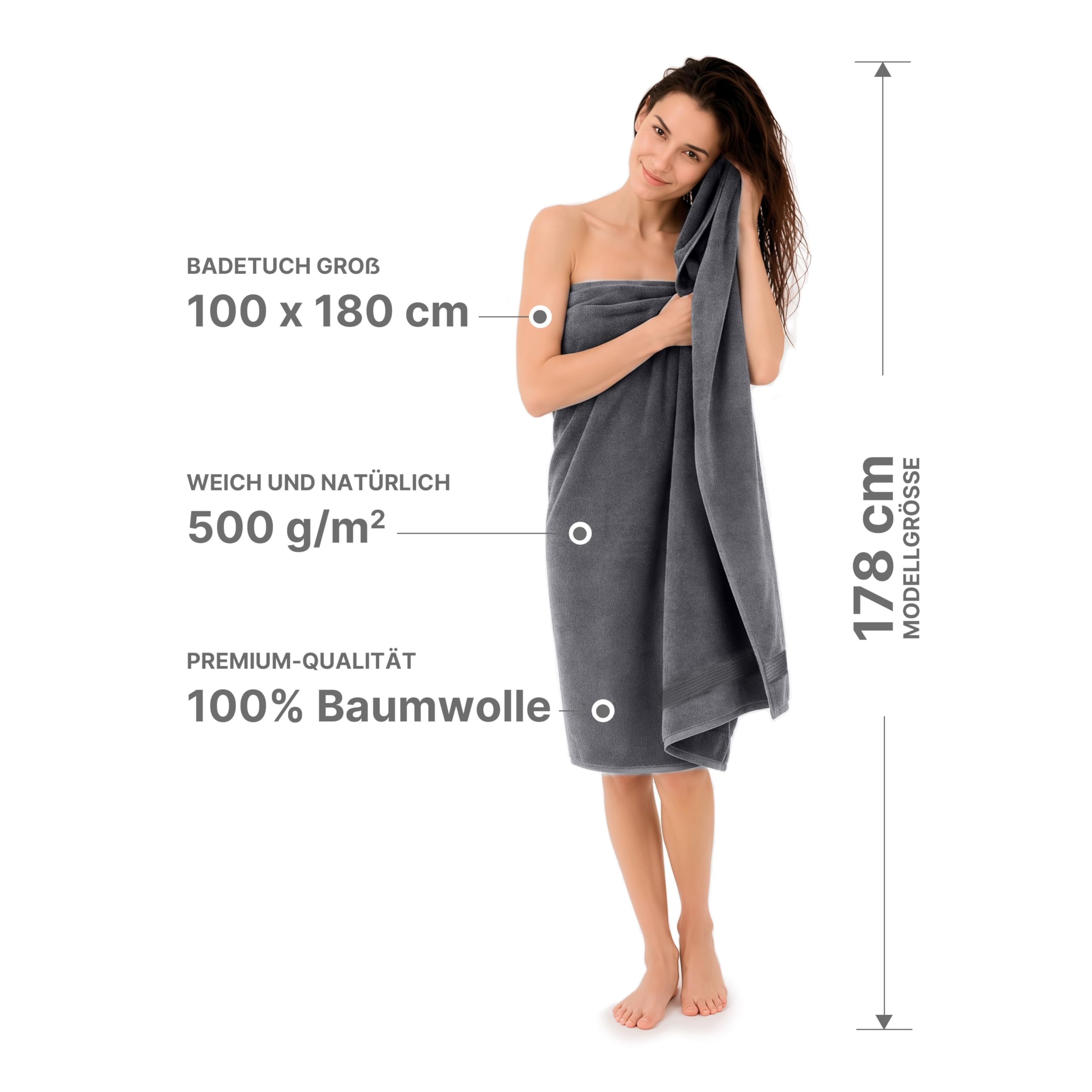 altego Saunahandtuch 100x180 cm Grau 100% Baumwolle - 500 g/m² Premium Qualität - Badehandtuch groß - Saunatuch groß – Badetuch XXL