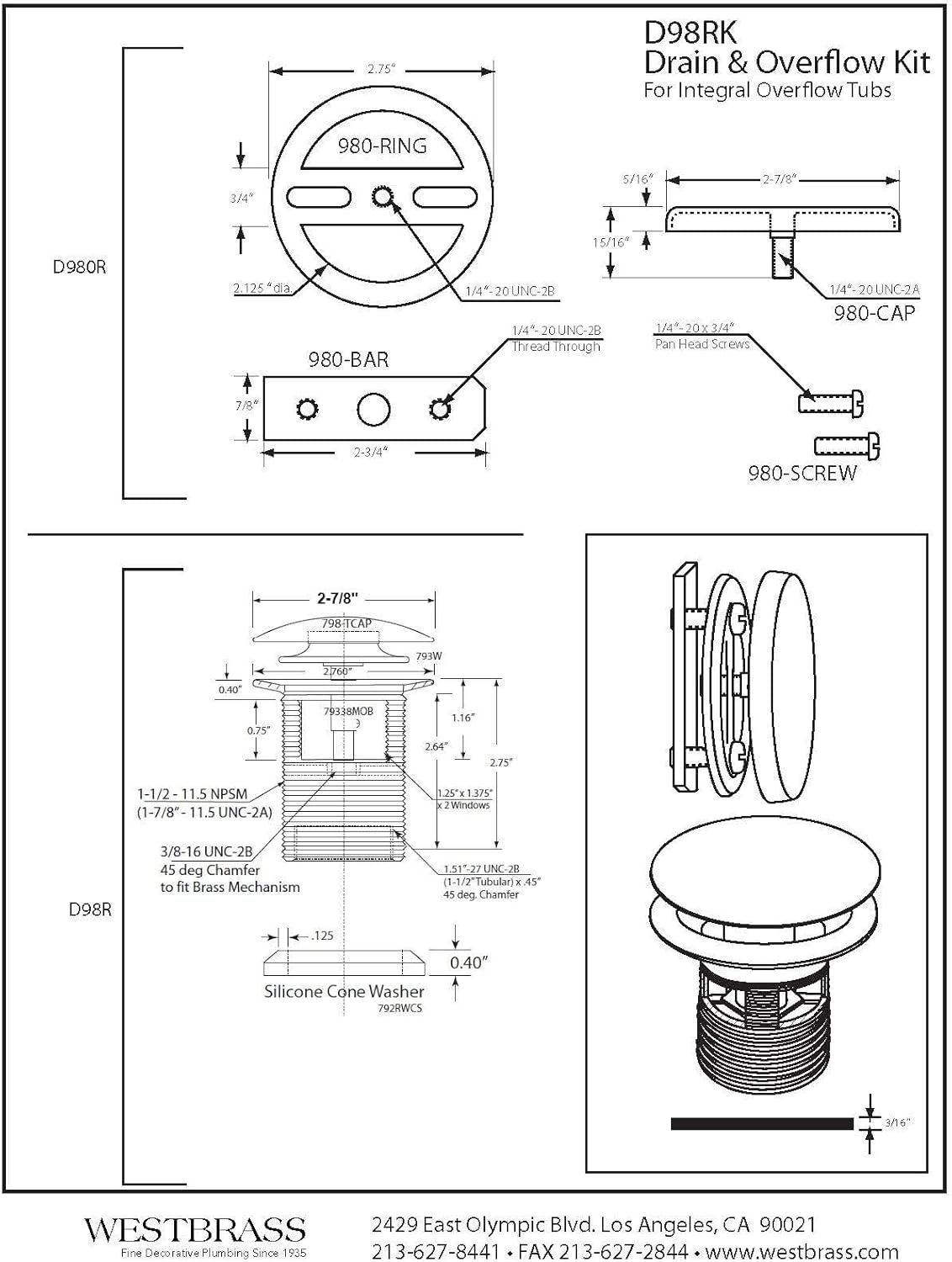 Westbrass Tip-Toe Integrated Overflow Tub Trim with Floating Faceplate, Matte Black, D98RK-62