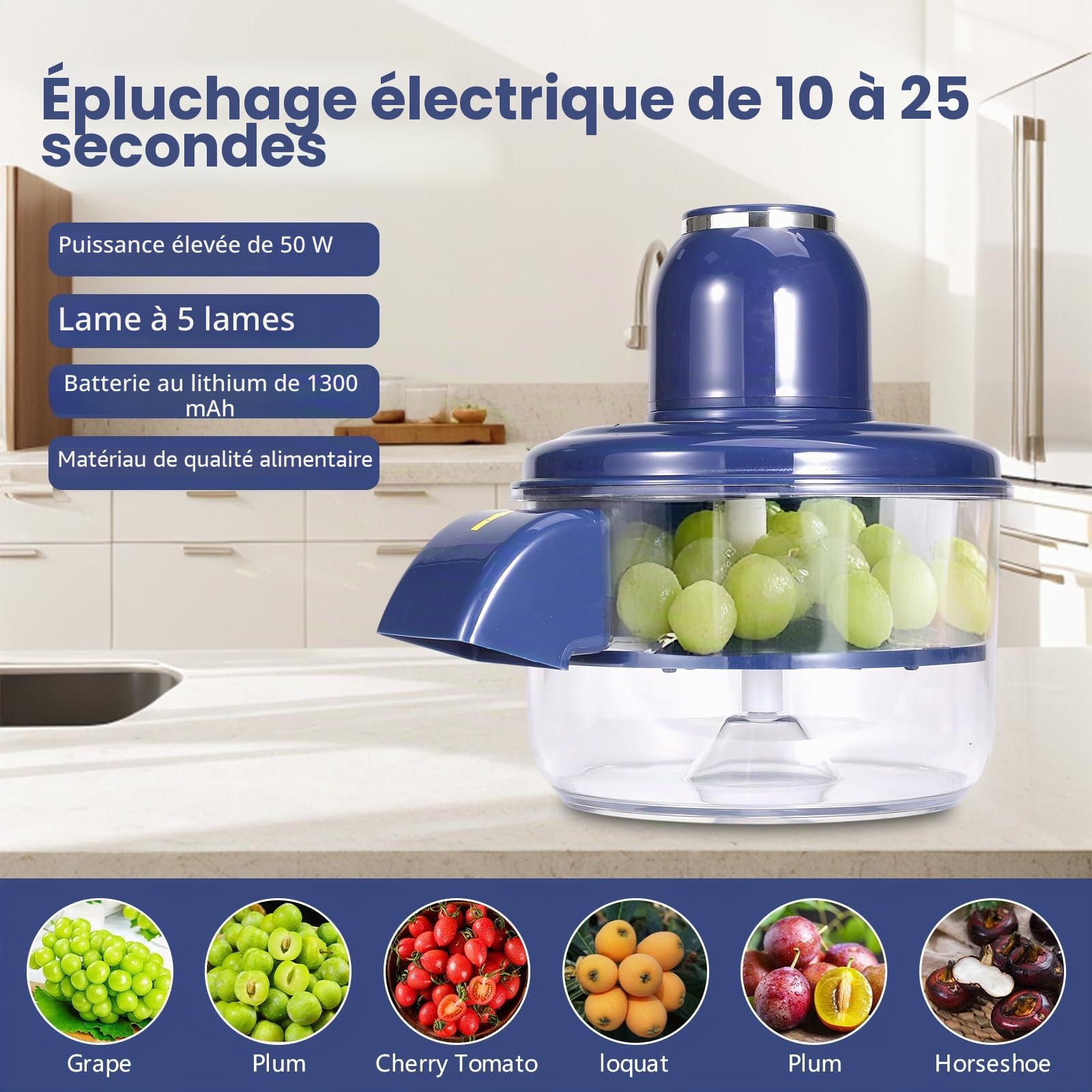 Éplucheur de raisin,électrique portable pour fruits et légumes (Bleu)
