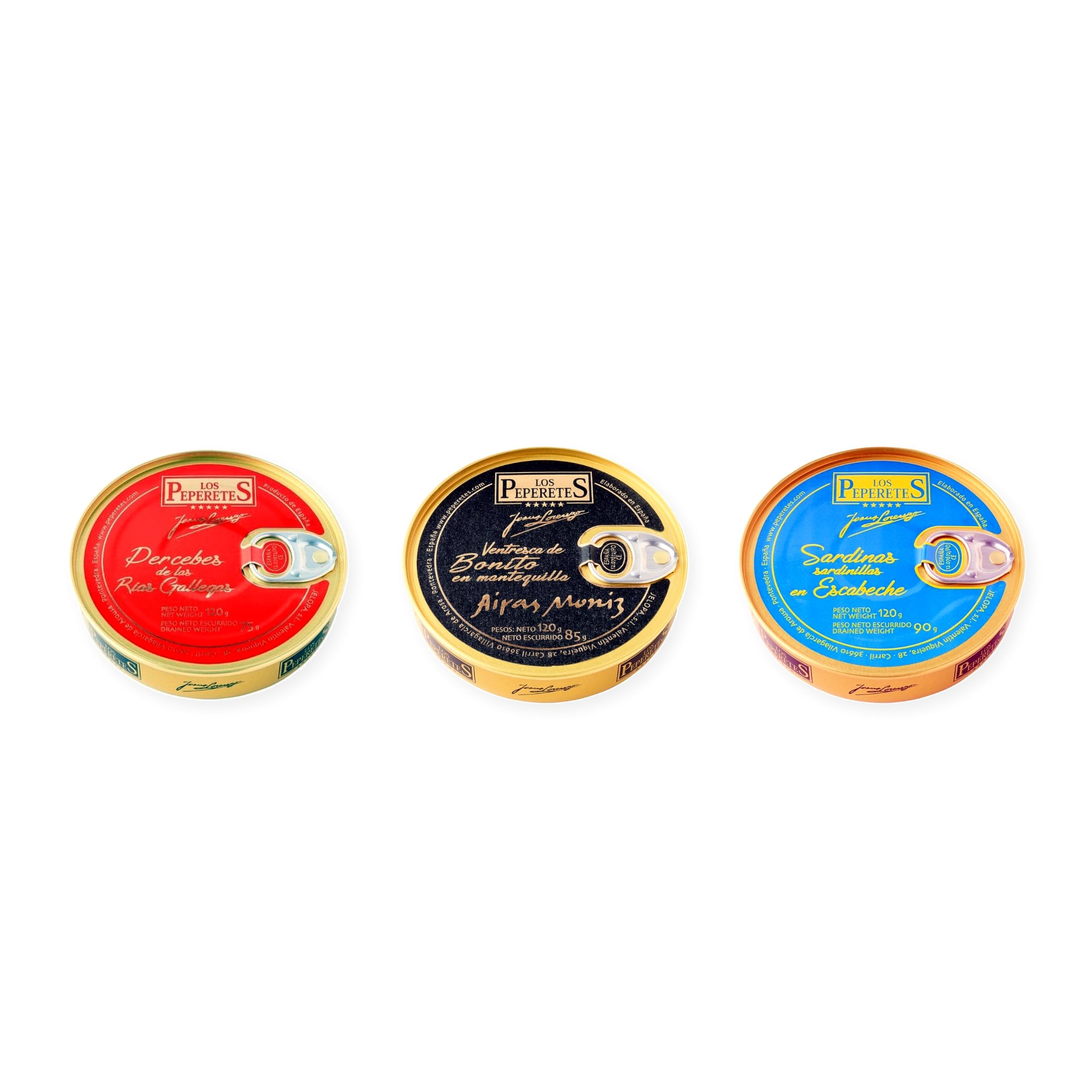 los peperetes conservas Percebes Rías Gallegas, Ventresca Bonito Mantequilla y Sardinillas Escabeche pack 3 latas