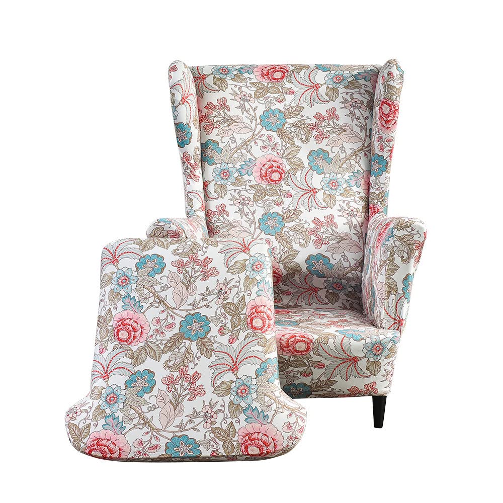 Highdi Pink Floral Wingback Chair Covers 2 Piece Stretch Wing Chair Slipcover, Flower Leaves Washable Spandex Sofa Cover Furniture Protector For Armchair Chairs Living Room Bedroom Hotel (Pink Floral)