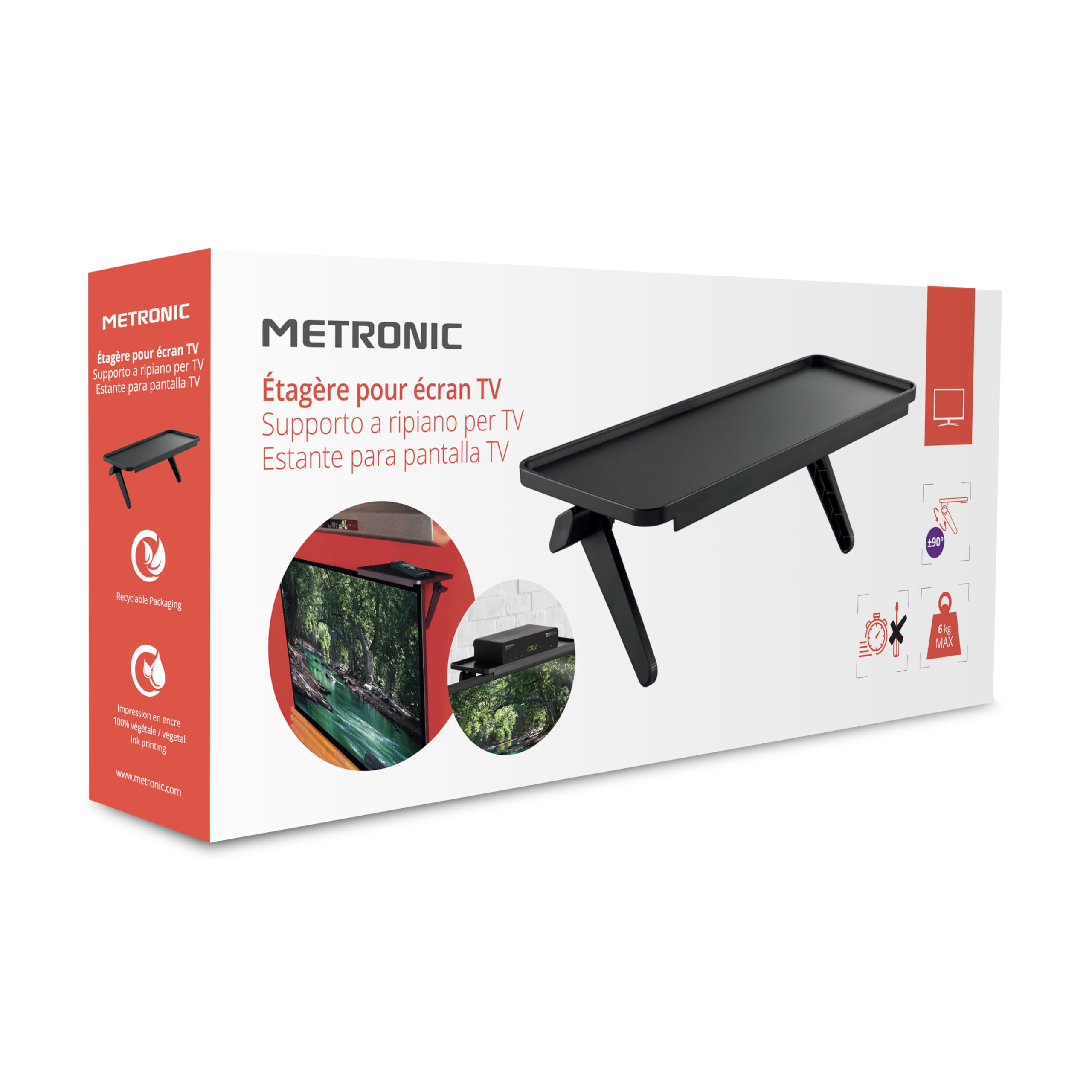 METRONIC 451074 - Scaffale per TV con supporto per schermo, monitor, decoder tablet, vassoio superiore per supporti multimediali, altoparlanti - semplice installazione - nero