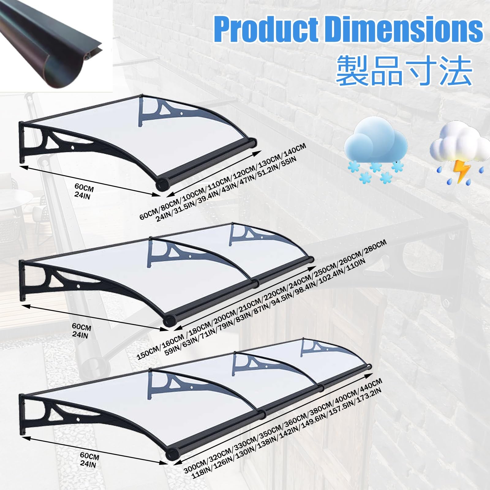 Polycarbonat-Türmarkise, transparent, Regen- und UV-Schutz, für Veranda, Terrasse und Fenster, 60 x 80 cm, strapazierfähig, mit großer Dachrinne, wetterbeständiges Design