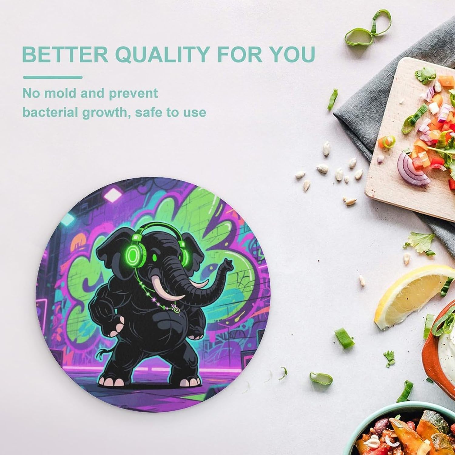 Elephant with Headphones Tempered Glass Cutting Board Sturdy Chopping Block Personalized Large Butcher Block Lightweight Round Chopping Mat for Kitchen Non Slip