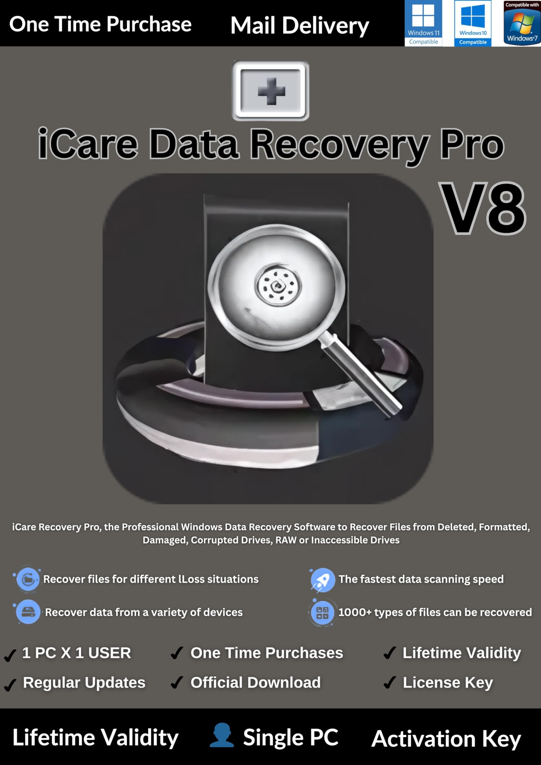 iCare Data Recovery Pro v8 | Latest 2024 Edition v8 | Data Recovery Software | Partition & Data Recovery | Recover Data from Corrupted Drive and Deleted Volumes & Files | Lifetime Validity | For Windows