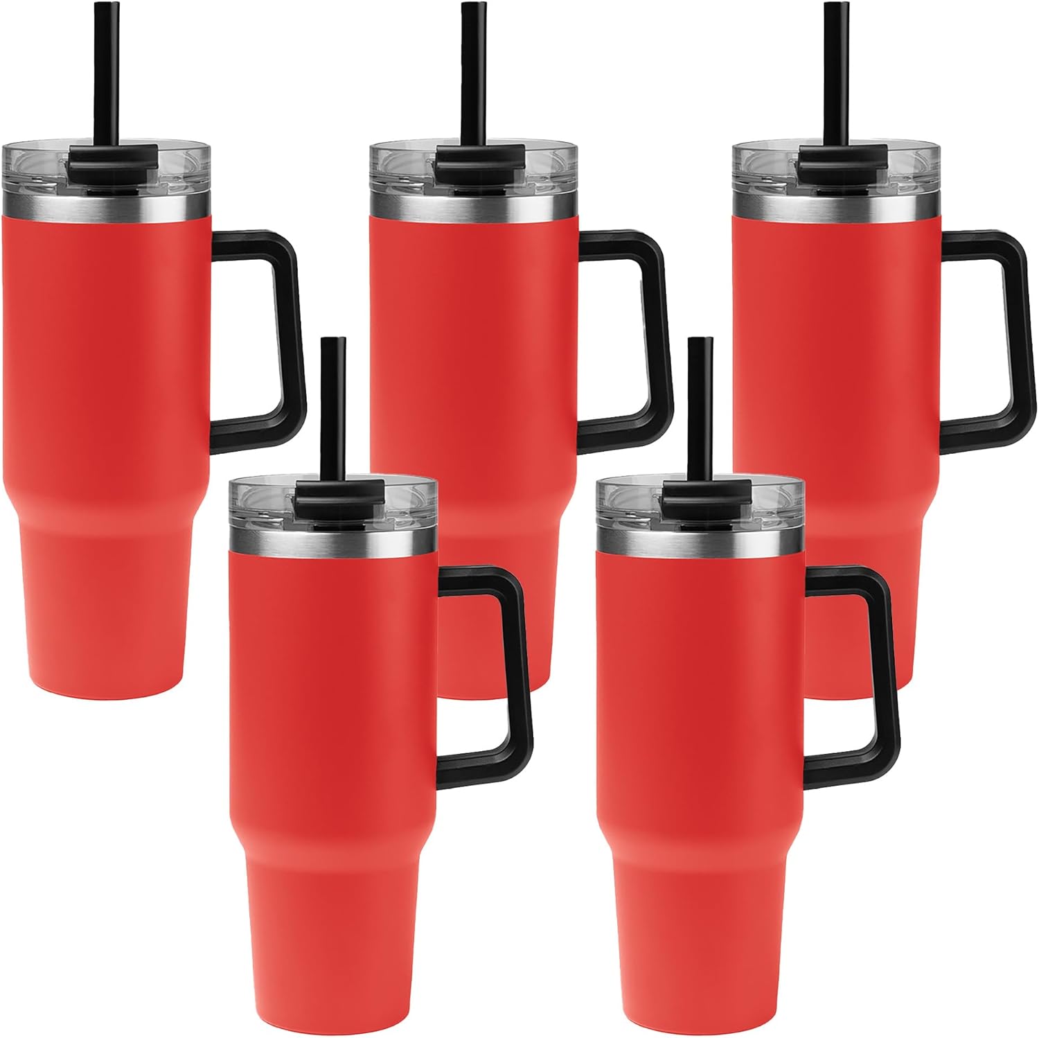 5 Ct of 40 Oz Intrepid Stainless Steel Tumbler with Lid, Straw & Handle – Red – Customizable Insulated Cups for Water, Coffee, Hot & Iced Drinks – Great for DIY, Events, Work