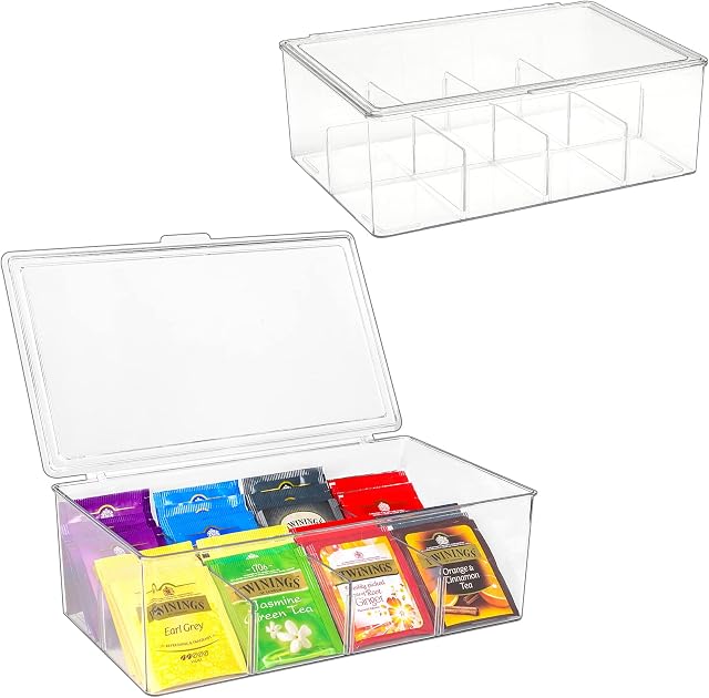2 Pack Puricon Tea Bag Storage Organiser Clear Tea Box with Lid, Stackable Tea Bag Holder Storage Bin Container with 8 Compartment for Tea Coffee Spices Kitchen Cabinet Pantry Countertop Table -Clear