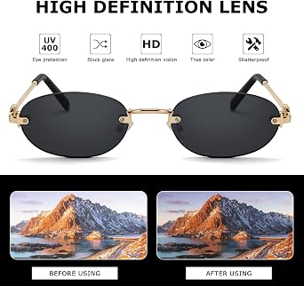 Bouryo Retro Small Oval Sunglasses for Women, Trendy Metal Gold Rimless Sun Glasses,Fashion Narrow Y2k sunglasses