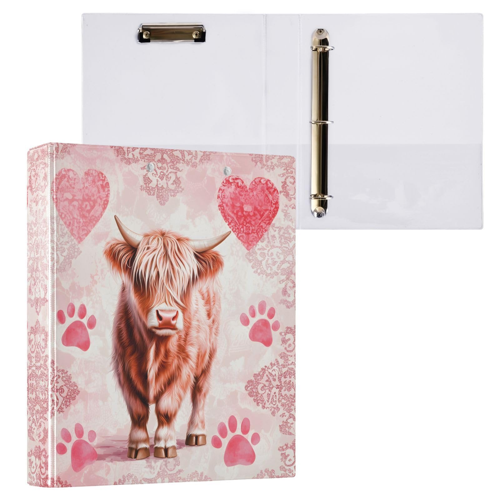 Highland Cow Pink Footprints 3 Ring Binder 1.5 Inch 1 Pack with 200 Sheet for Kids School Supplies Women Men Office