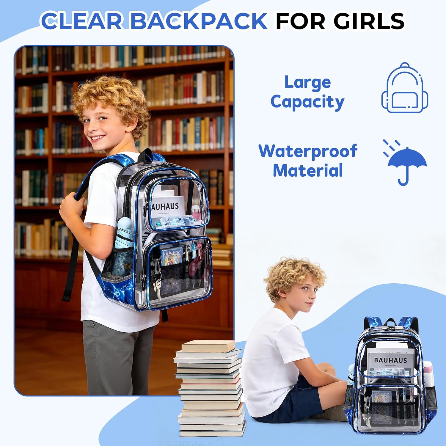 Sisipoet Clear Backpack for Boys with Lightning Print, Heavy Duty Transparent Bookbag for School, Stadium, and Concert, Blue