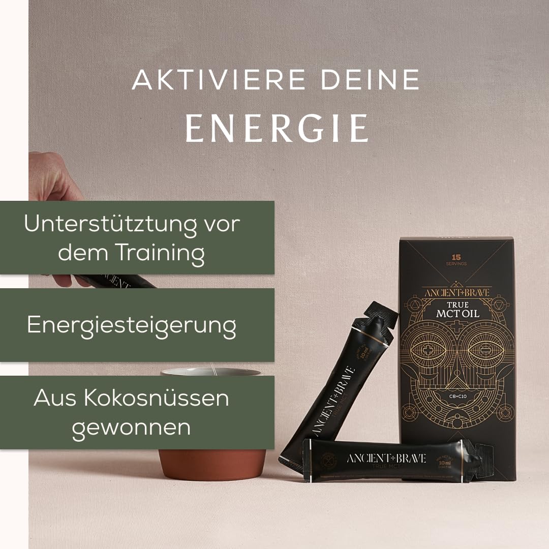 Ancient + Brave | True MCT Öl | 15 x 10 ml Sachets | C8 + C10 Mischung | 100% Aus Kokosnüssen Gewonnen | Ketogen | Intervall Fasten | Vegan | Paleo | Keto