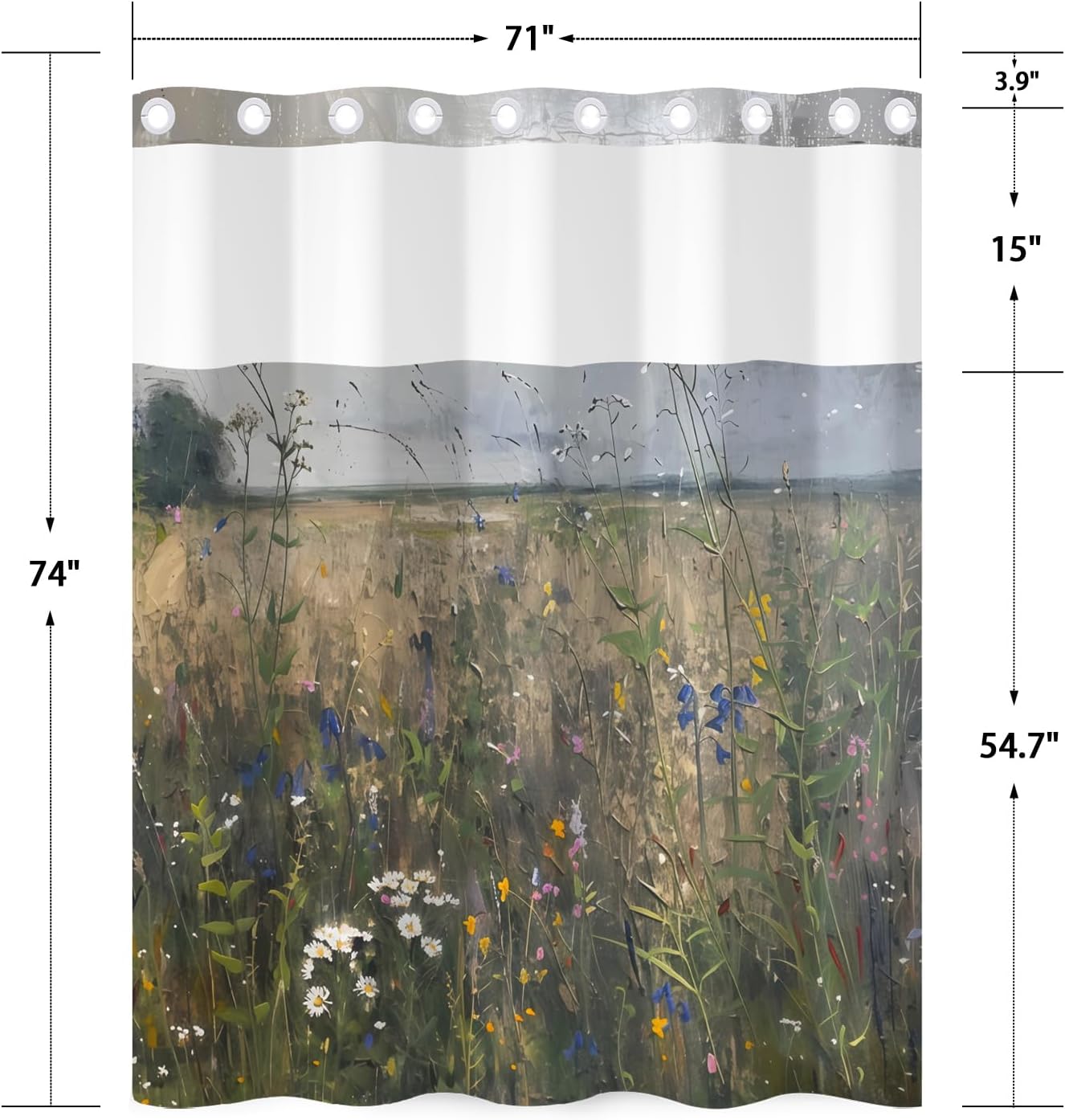 No Hook Shower Curtain and Liner Set, Wildflower Meadow Landscape Print Waterproof Bath Tub Curtain with See Through Top for Farmhouse Cottagecore & Rustic Bathroom Decor, 71W x 74H