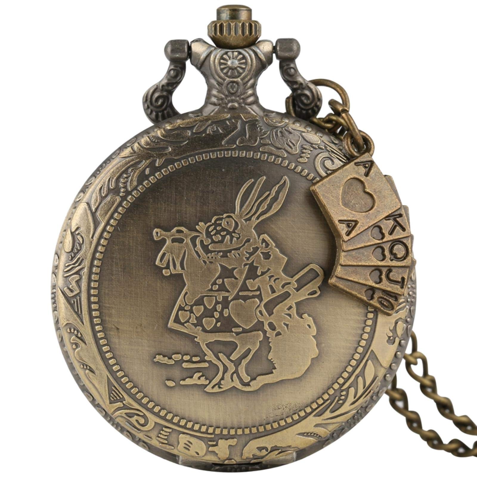 RUVANE Taschenuhr-Halskette, Bronze, Alice im Wunderland, süßer Hase, Quarz-Taschenuhr, Anhänger, Halskette, Kette, Uhr mit Karussell-Zubehör, mit Krückenhase Star of Light